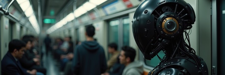 Fototapeta premium A futuristic robot in a subway train, surrounded by commuters. The scene captures the blend of technology and everyday life, hinting at advancements in AI and urban transport.