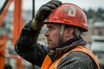 Fototapeta premium Construction worker adjusting hard hat at site
