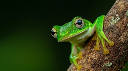 Obraz premium A frog up-close on a tree branch against a dark green background, blurred backdrop
