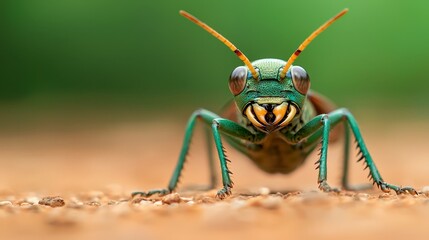 Fototapeta premium A tight shot of a grasshopper on the ground, head tilted to the side, eyes fixed and wide