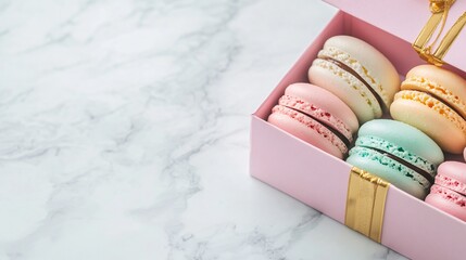Colorful macarons in a pastel gift box with gold accents, isolated on a white marble surface