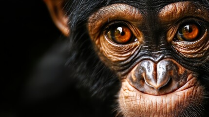  A monkey's intimate face, gazing intently, against a black backdrop