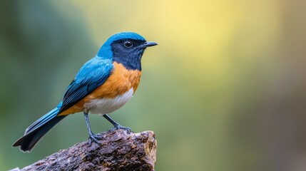  A blue-orange bird perches on a tree branch against a green-yellow background
