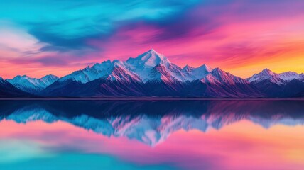 Vibrant sunset reflection over majestic mountains with colorful skies and serene lake.