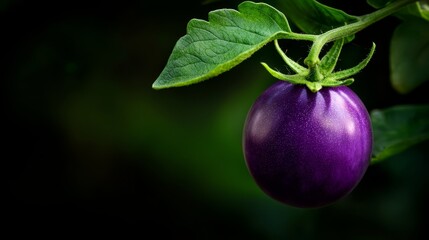 Fototapeta premium A detailed shot of a purple eggplant, its verdant green leaf crowning the top