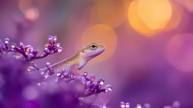  A tight shot of a tiny lizard perched on a plant, adorned with purple blooms in the front, while the background softly blurs