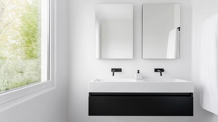 Obraz premium Minimalist bathroom with large mirrors and simple black fixtures, minimalist bathroom, modern sleek design