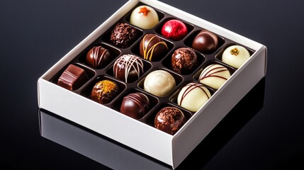 Elegant selection of handcrafted bonbons in a glossy white gift box, isolated on a reflective black surface