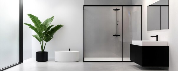 Minimalist bathroom with matte black accents and large glass shower, minimalist bathroom, modern industrial look