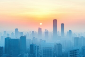 Fototapeta premium A city skyline at sunrise, shrouded in mist, showcasing tall buildings and a hazy atmosphere with soft pastel colors in the sky.