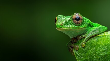 Naklejka premium A tight shot of a green frog atop a textured leaf against a softly blurred, dark green backdrop