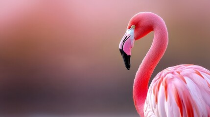 Naklejka premium A pink flamingo in close-up, facing sideways over a body of water
