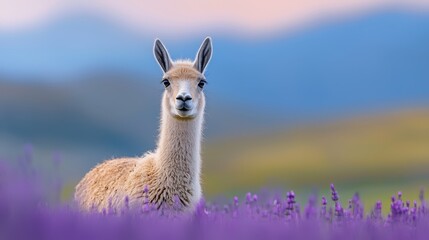  A llama stands in a field, surrounded by purple flowers in the foreground, with mountains rising behind