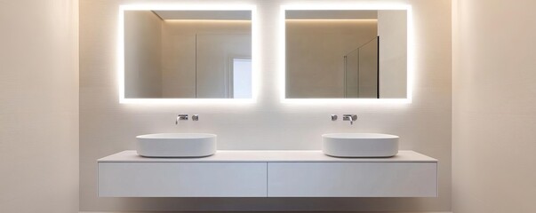Minimalist bathroom with recessed lighting, large frameless mirrors, minimalist bathroom, sleek modern design