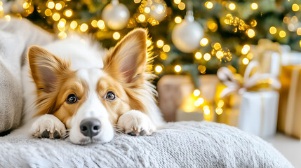 A collie relaxing by the Christmas tree surrounded by decorations and gifts