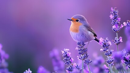  Bird atop purple lavender blooms against a blurred pink-purple sky