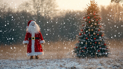 Santa Claus admiring a Christmas tree in a peaceful winter scene