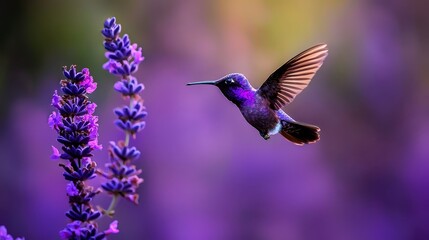 Fototapeta premium A hummingbird hovering above a purple flower against a softly blurred backdrop of similar blooms Foreground features a distinct hummingbird