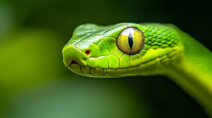 Fototapeta premium Close-up of a green snake's head with a yellow eye against a black backdrop