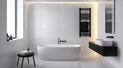Minimalist bathroom with soft lighting, black accents, and white tiles, minimalist bathroom, modern contrast