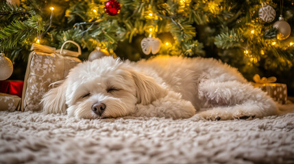 Coton De Tulear dog peacefully resting under a beautifully decorated Christmas tree