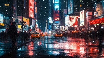 Fototapeta premium Vibrant Nightlife in Times Square During Snowfall