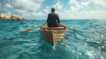 Businessman Rowing Wooden Boat on Open Sea under Clear Sky