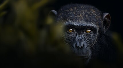 Obraz premium A tight shot of a monkey's face, yellow eyes against a black background, trees in distant background
