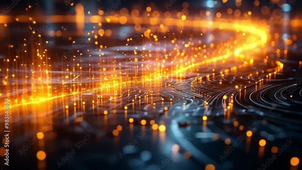 Poster glowing circuitry with sparkling digital connections in a dark environment