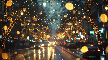 A city street illuminated by thousands of twinkling Christmas lights