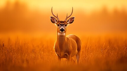  A deer up-close in a field of tall grass Sun shines through background trees