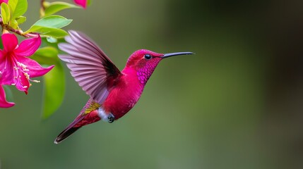 Fototapeta premium A hummingbird hovers by a pink flower with green leaves; another pink bloom appears in the foreground, background softly blurred