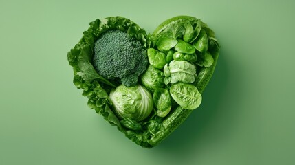 Heart-shaped arrangement of fresh green vegetables including broccoli, spinach, and lettuce on a light green background.