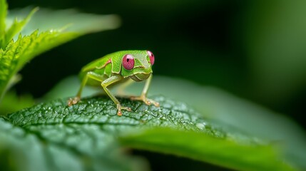 Fototapeta premium A tight shot of a green grasshopper perched on a leaf, featuring a distinct red marking on its face and eyes