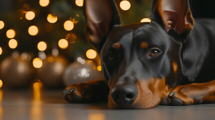 Obraz premium A Doberman relaxing near a beautifully decorated Christmas tree with glowing lights and ornaments