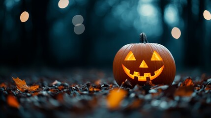 Naklejka premium A jack-o-lantern pumpkin sits in the midst of a leafy field with lights illuminating the background