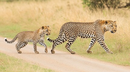 Fototapeta premium A spring leopard confidently strides down a dirt path alongside its curious cub in the African savannah, highlighting their close relationship and the beauty of their habitat