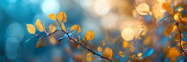 Fototapeta premium A branch displaying yellow leaves against a softly blurred backdrop of yellow and blue foliage in the foreground