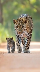 Obraz premium A spring leopard confidently strides down a dirt path alongside its curious cub in the African savannah, highlighting their close relationship and the beauty of their habitat