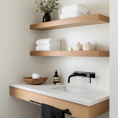Neutral minimalist bathroom with floating shelves, simple lines, and black fixtures, minimalist bathroom, modern elegance