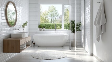 Bright Modern Bathroom with White Tiles, Freestanding Tub, Wooden Vanity, and Large Window