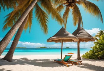 Fototapeta premium essential tropical beach gear ultimate relaxation comfort under sun, essentials, accessories, towel, umbrella, sunglasses, sunscreen, sandals, chair, cooler