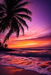 vibrant coastal sunset featuring silhouetted palm trees rolling waves stunning seascape, beach, coastline, dusk, evening, glow, horizon, light, marine