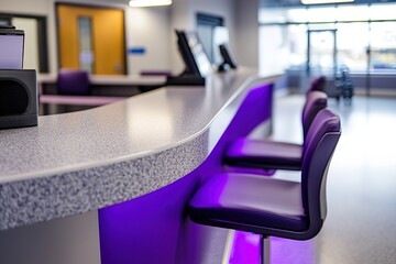 Modern reception with purple chairs and ambient lighting