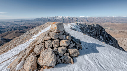 ImageMajestic Winter Mountain Peaks A Stunning Snow-Covered Landscape, Showcasing the Beauty of Nature's Towering Giants A Serene View of Snow-Capped Summits in Winter's Embrace