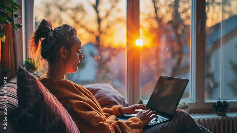 Poster a woman sits comfortably on a couch, focused on her laptop while enjoying the stunning sunset visibl