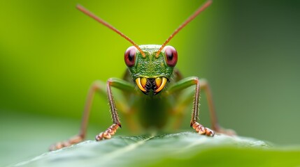 Fototapeta premium red eyes, long antennae On a green leaf, backdrop softly blurred
