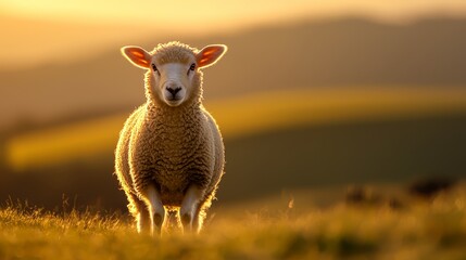 Obraz premium A close-up of a sheep in a field of grass Sunset behind, hills in the distance