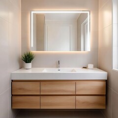 Neutral minimalist bathroom with recessed lighting and frameless mirror, minimalist bathroom, clean and sleek look