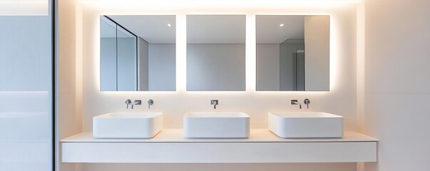 Fototapeta premium Neutral minimalist bathroom with large mirrors, recessed lighting, minimalist bathroom, modern, clean space